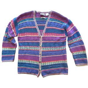 SIGRID OLSEN Sweater Small Hand Knitted Cardigan Cottagecore Stripe VTG
